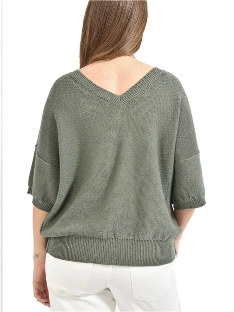 MAGLIA CON SCOLLO A V  IN FILATO DI COTONE E LUREX DONNA VERDE