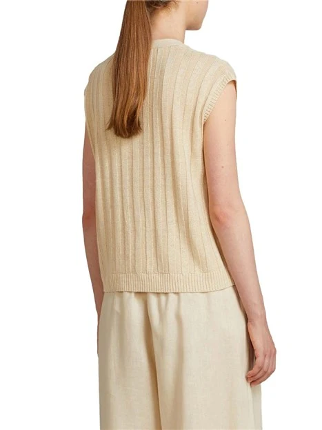 GILET IN MAGLIA CON SCOLLO A V E BOTTONI A VISTA DONNA BEIGE