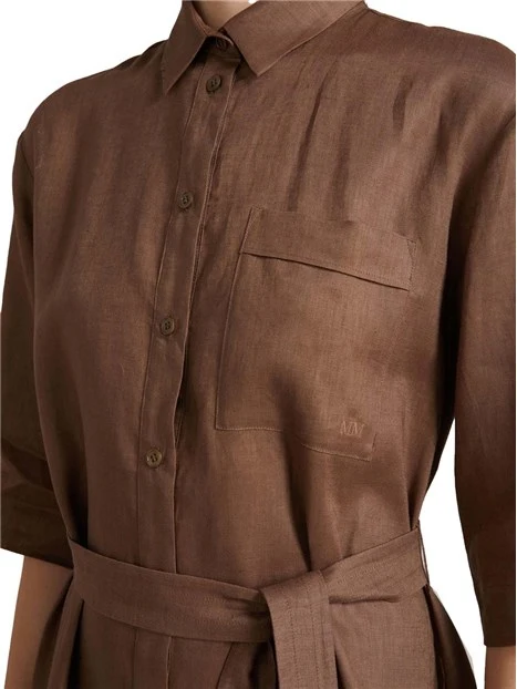 VESTITO CHEMISIER IN LINO CON CINTURA ABBINATA DONNA MARRONE
