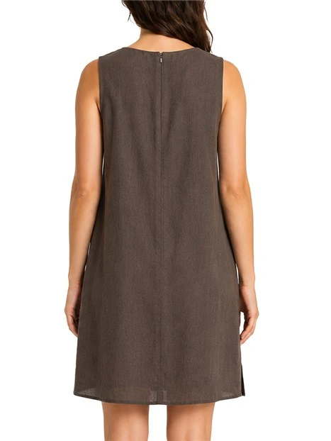VESTITO CORTO SMANICATO CON CHIUSURA CON ZIP IN LINO DONNA MARRONE