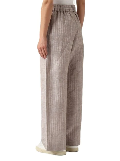 PANTALONE PALAZZO IN MISTO LINO E COTONE CON FANTASIA GESSATA DONNA BEIGE