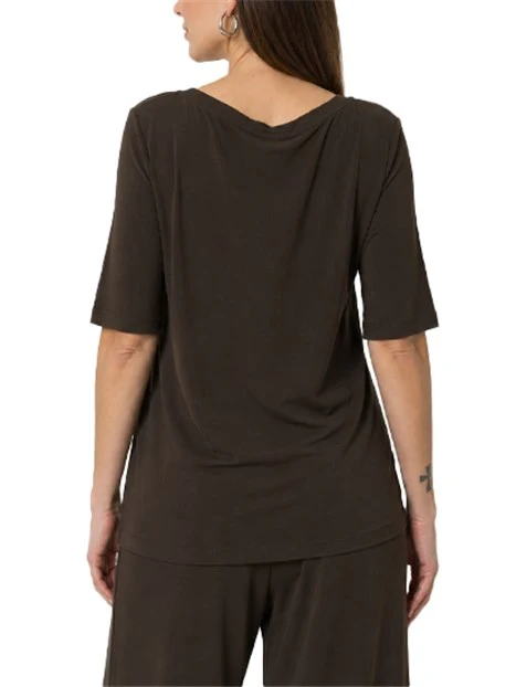 BLUSA MANICA CORTA IN JERSEY DI VISCOSA CON TAGLIO BOXY DONNA MARRONE