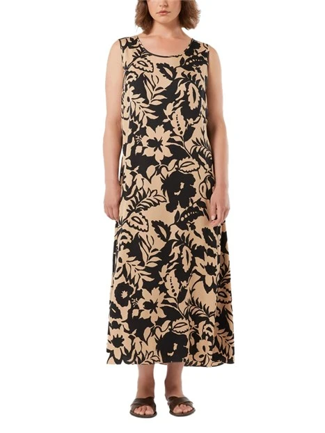 VESTITO LUNGO IN RASO DI VISCOSA CON STAMPA ALL OVER DONNA BEIGE