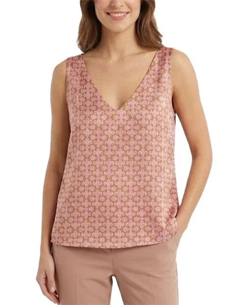 TOP SMANICATO IN SETA CON STAMPA DONNA ROSA