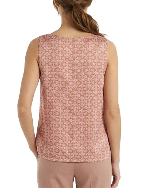 TOP SMANICATO IN SETA CON STAMPA DONNA ROSA