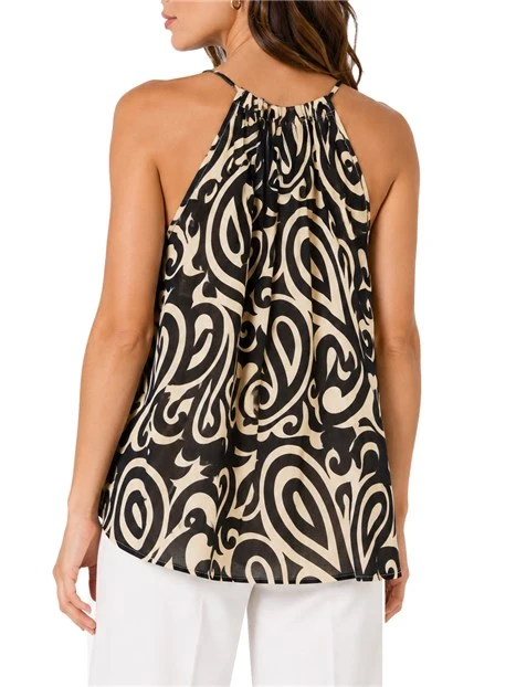 TOP IN VOILE STAMPATO CON COLLO ARRICCIATO DONNA MARRONE