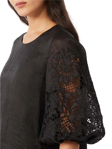 BLUSA CON PIZZO SULLE MANICHE DONNA NERO