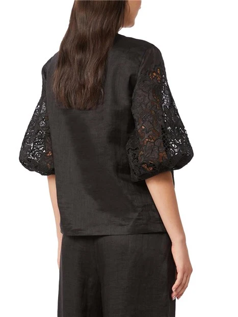 BLUSA CON PIZZO SULLE MANICHE DONNA NERO