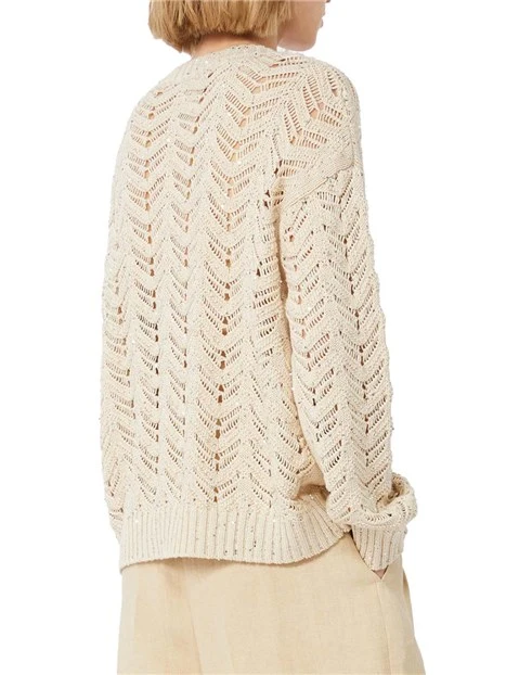 MAGLIA SCOLLO A V IN PURO COTONE CON PAILLETTE DONNA ECRU'