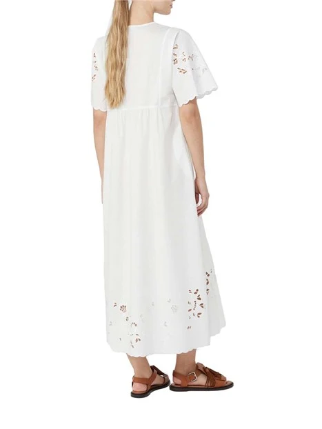 VESTITO LUNGO SCOLLO A V RICAMI DONNA BIANCO