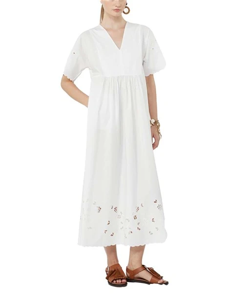 VESTITO LUNGO SCOLLO A V RICAMI DONNA BIANCO