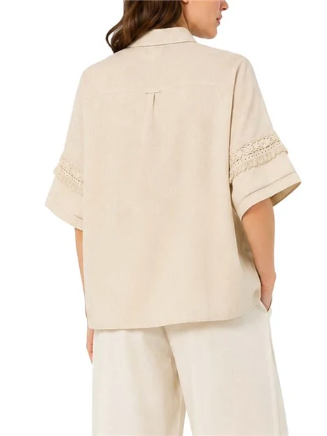 CAMICIA IN LINO CON MANICHE TRE QUARTI AMPIE E LAVORATE DONNA BEIGE