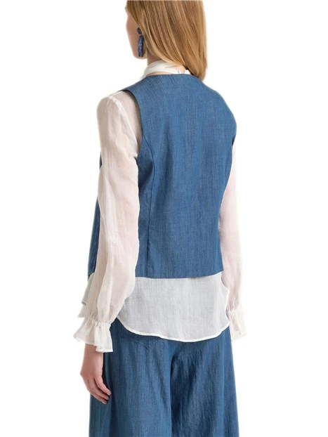 GILET IN COTONE SENZA BOTTIN CON RICAMO TONO SU TONO BLU