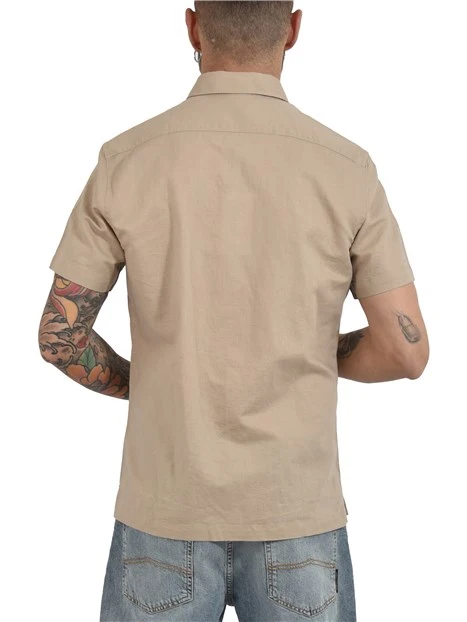 CAMICIA MANICA CORTA IN LINO E COTONE CON LOGO RICAMATO UOMO BEIGE