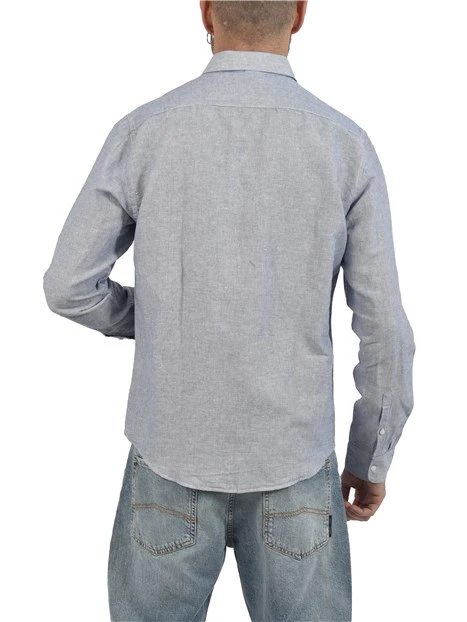 CAMICIA CASUAL IN MISTO COTONE E LINO A RIGHE CON LOGO RICAMATO UOMO BLU