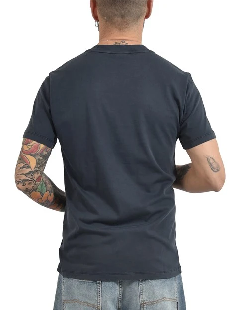 T- SHIRT MANICA CORTA CON RICAMO A CONTRASTO SU COLLO E MANICA UOMO BLU