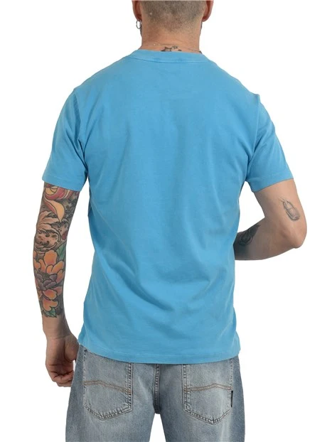 T- SHIRT MANICA CORTA CON RICAMO A CONTRASTO SU COLLO E MANICA UOMO AZZURRO