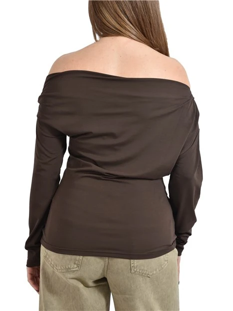 T-SHIRT MANICA LUNGA CON COLLO ASIMETTRICO DONNA MARRONE