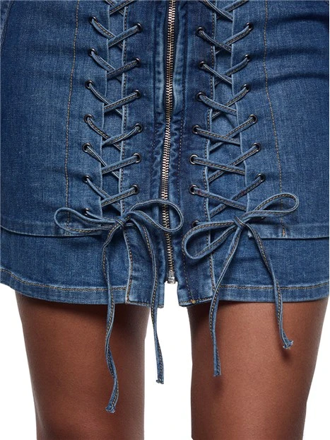 VESTITO CORTO IN DENIM CON STRINGHE DONNA BLU