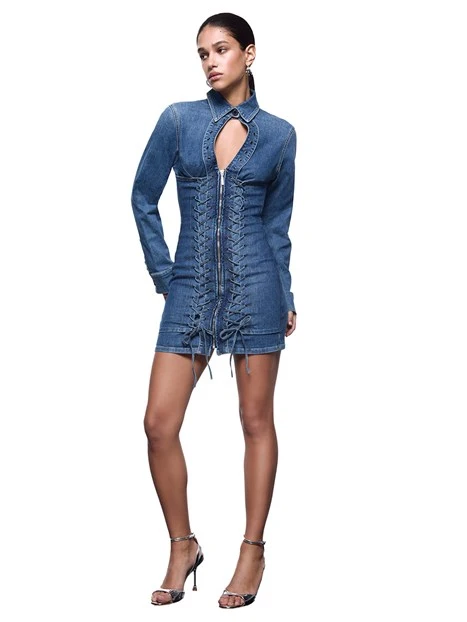 VESTITO CORTO IN DENIM CON STRINGHE DONNA BLU
