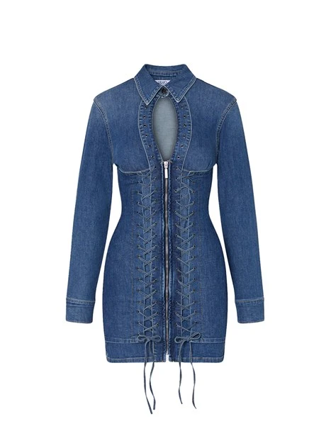 VESTITO CORTO IN DENIM CON STRINGHE DONNA BLU