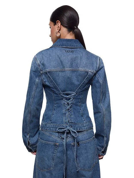 GIACCA CORTA IN DENIM CON STRINGHE DONNA BLU