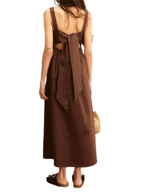 VESTITO LUNGO IN RASO DI COTONE CON SPALLINE LARGHE DONNA MARRONE