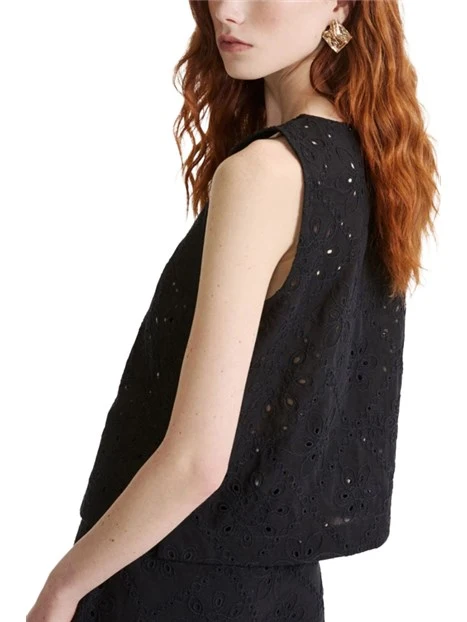 TOP IN MUSSOLA DI COTONE CON RICAMO EFFETTO SANGALLO DONNA NERO