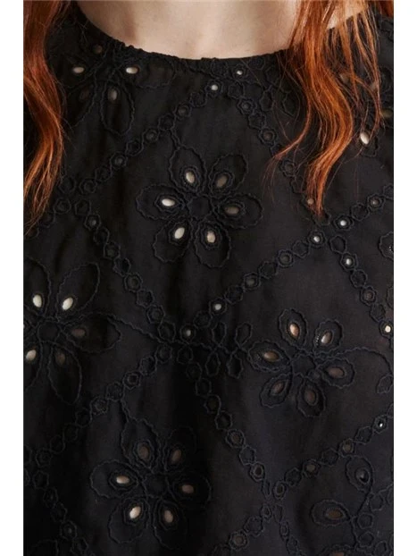 TOP IN MUSSOLA DI COTONE CON RICAMO EFFETTO SANGALLO DONNA NERO