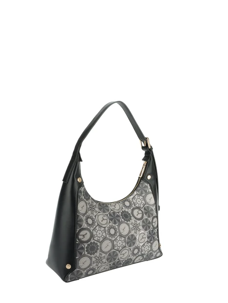 BORSA A SPALLA HOBO CON STAMPA GEOMETRICA E DETTAGLI NERI DONNA GRIGIO