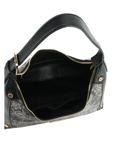 BORSA A SPALLA HOBO CON STAMPA GEOMETRICA E DETTAGLI NERI DONNA GRIGIO