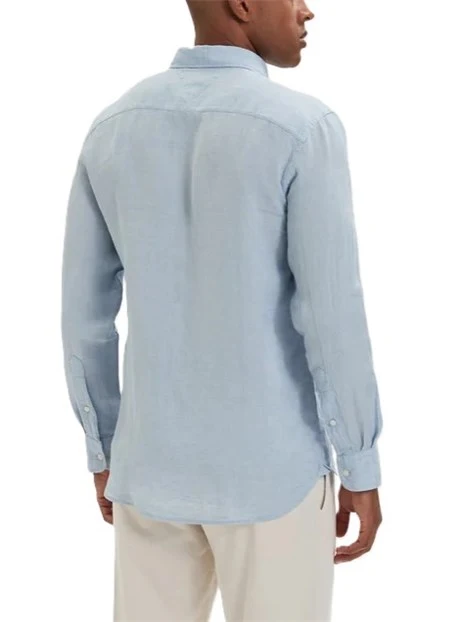 CAMICIA CASUAL IN PURO LINO CON DETTAGLIO RICAMATO UOMO AZZURRO