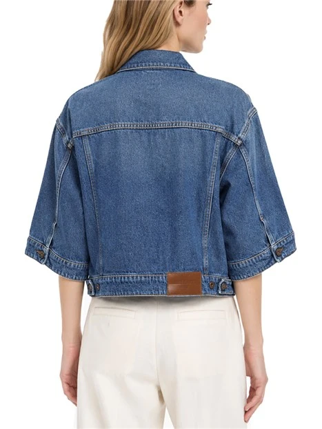 GIACCA CORTA CROP IN DENIM CON CUCITURE A CONTRASTO DONNA BLU