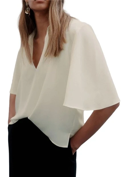 BLUSA CON COLLO A POLO IN SATIN FLUIDO DONNA BIANCO
