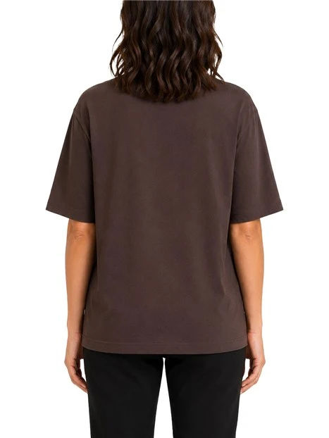 T-SHIRT MANICA CORTA IN COTONE CON LOGO FRONTALE RICAMATO DONNA MARRONE
