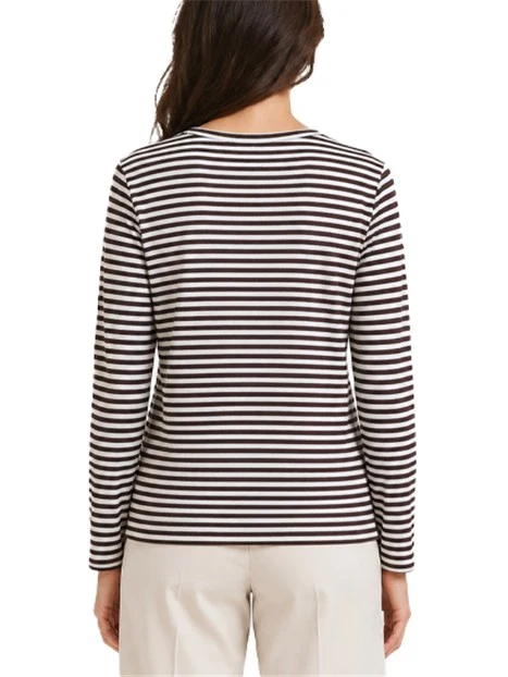 T-SHIRT MANICA TRE QUARTI IN JERSEY DI VISCOSA STRETCH E SCOLLO STONDATO A RIGHE DONNA MARRONE