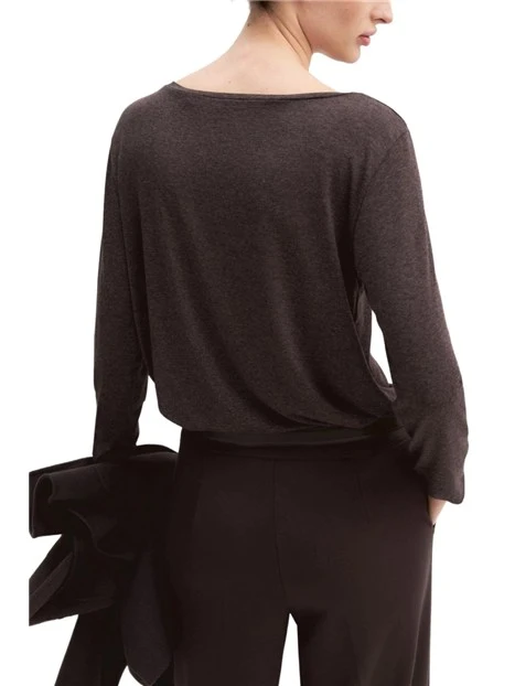 T-SHIRT MANICA TRE QUARTI IN JERSEY DI VISCOSA STRETCH E SCOLLO STONDATO DONNAMARRONE
