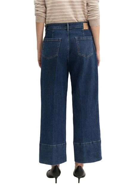 JEANS CROPPEDI IN DENIM DI COTONE STRETCH CON ORLO ALTO IMPUNTATO DONNA BLU