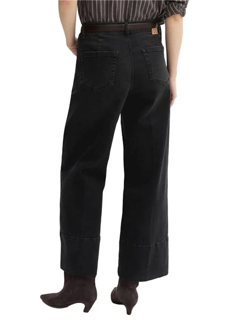 JEANS CROPPEDI IN DENIM DI COTONE STRETCH CON ORLO ALTO IMPUNTATO DONNA NERO