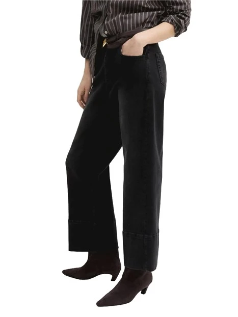JEANS CROPPEDI IN DENIM DI COTONE STRETCH CON ORLO ALTO IMPUNTATO DONNA NERO