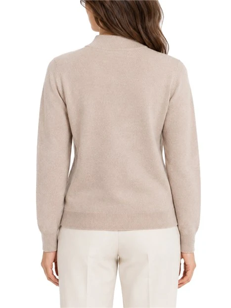 MAGLIA DOLCEVITA IN FILATO DI LANA CASHMERE SENZA CUCITURA CON BORDI A COSTINE DONNA BEIGE