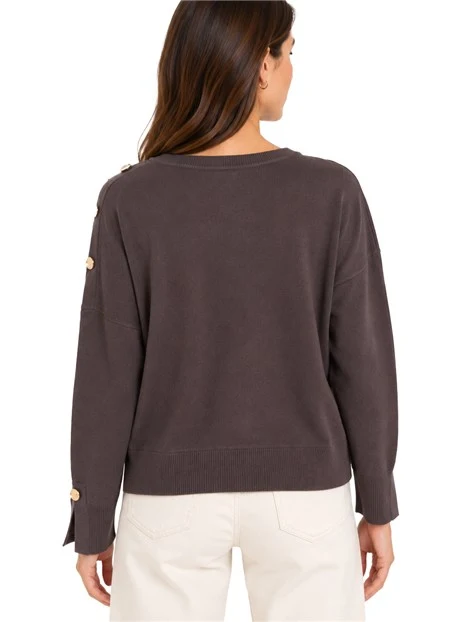 MAGLIA DONNA IN VISCOSA STRETCH CON BOTTONI DORATI SULLA SPALLA DONNA MARRONE
