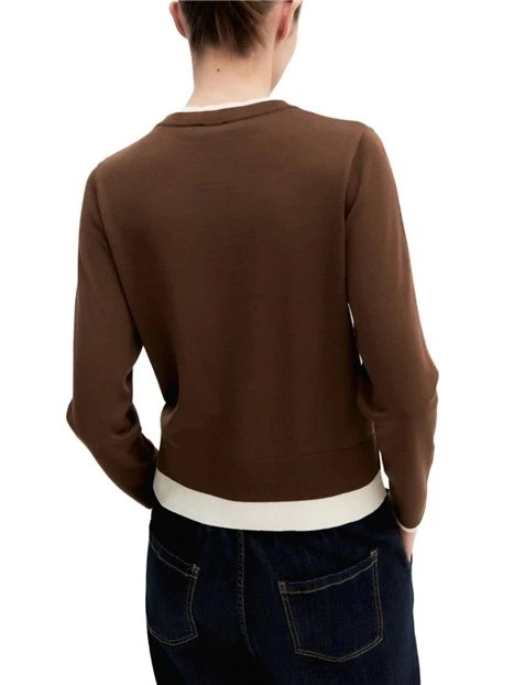 MAGLIA GIROCOLLO IN PURA LANA CON DETTAGLI A CONTRASTO SU COLLO E POLSI DONNA MARRONE
