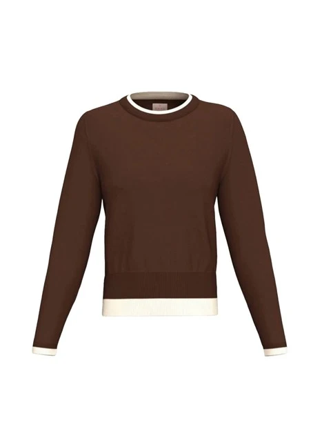MAGLIA GIROCOLLO IN PURA LANA CON DETTAGLI A CONTRASTO SU COLLO E POLSI DONNA MARRONE