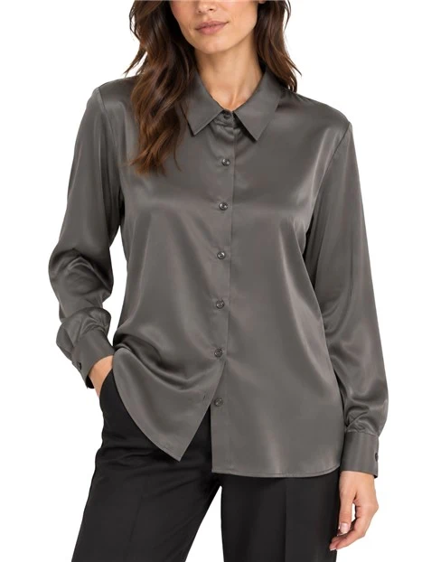 CAMICIA FLUIDA IN RASO LEGGERO STRETCH CON FONDO STONDATO DONNA VERDE SCURO