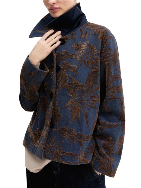 GIACCA CORTA IN DENIM  JACQUARD CON FANTASIA FLOREALE DONNA BLU