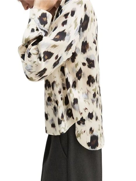 BLUSA IN TWILL STAMPATO CON SCOLLO A BARCA E FONDO ASIMMETRICO DONNA AVORIO