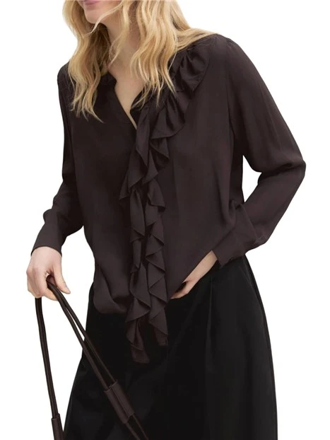 CAMICIA IN CRÊPE DI VISCOSA CON ROUCHES  DONNA MARRONE
