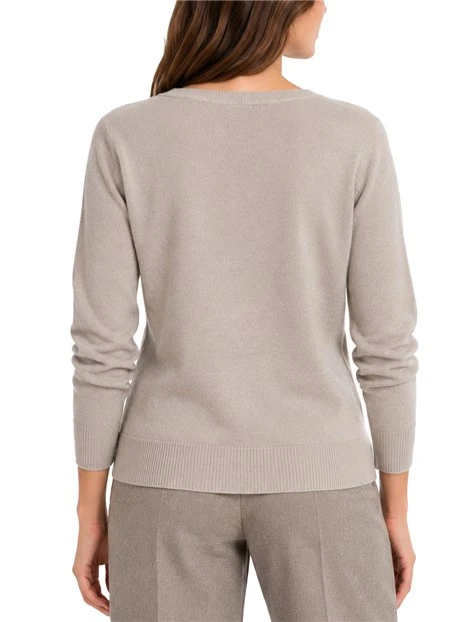 MAGLIA CON SCOLLO A V CO FINITURE A COSTINE DONNA BEIGE