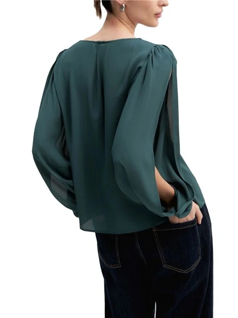 BLUSA IN CRÊPE DI VISCOSA CON MANICHE APERTE E SCOLLO A BARCA DONNA VERDE